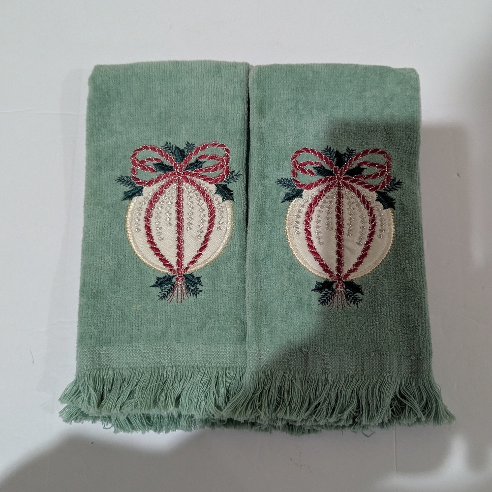 Lot Of Two Decorative Green and Cream Towels with Embroidered Ornaments